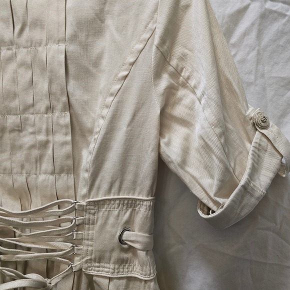 Picky Girl Corset Shirt Dress Belted Collared Short Sleeve Beige Women's Large - Picture 12 of 13